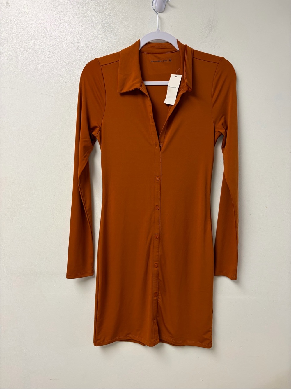 Abercrombie & Fitch NWT Long Sleeve Slinky Mini Shirt Dress Orange Small Tall